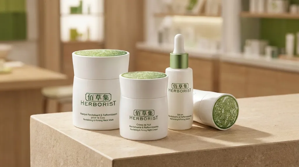 Four white Herborist skincare products with green botanical lids and bilingual Chinese and French labels, displayed on a stone counter in a bright boutique