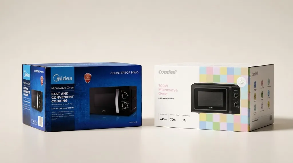 Two microwave oven boxes side by side: a dark blue Midea box with technical messaging, and a white Comfee box with a pastel checkered pattern and a lighter, lifestyle tone