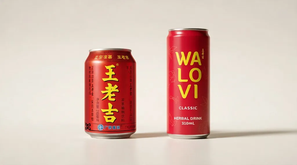 Two red cans side by side: the original Wanglaoji can with yellow Chinese characters, and the international WALOVI can with a Latin wordmark and the words Classic Herbal Drink